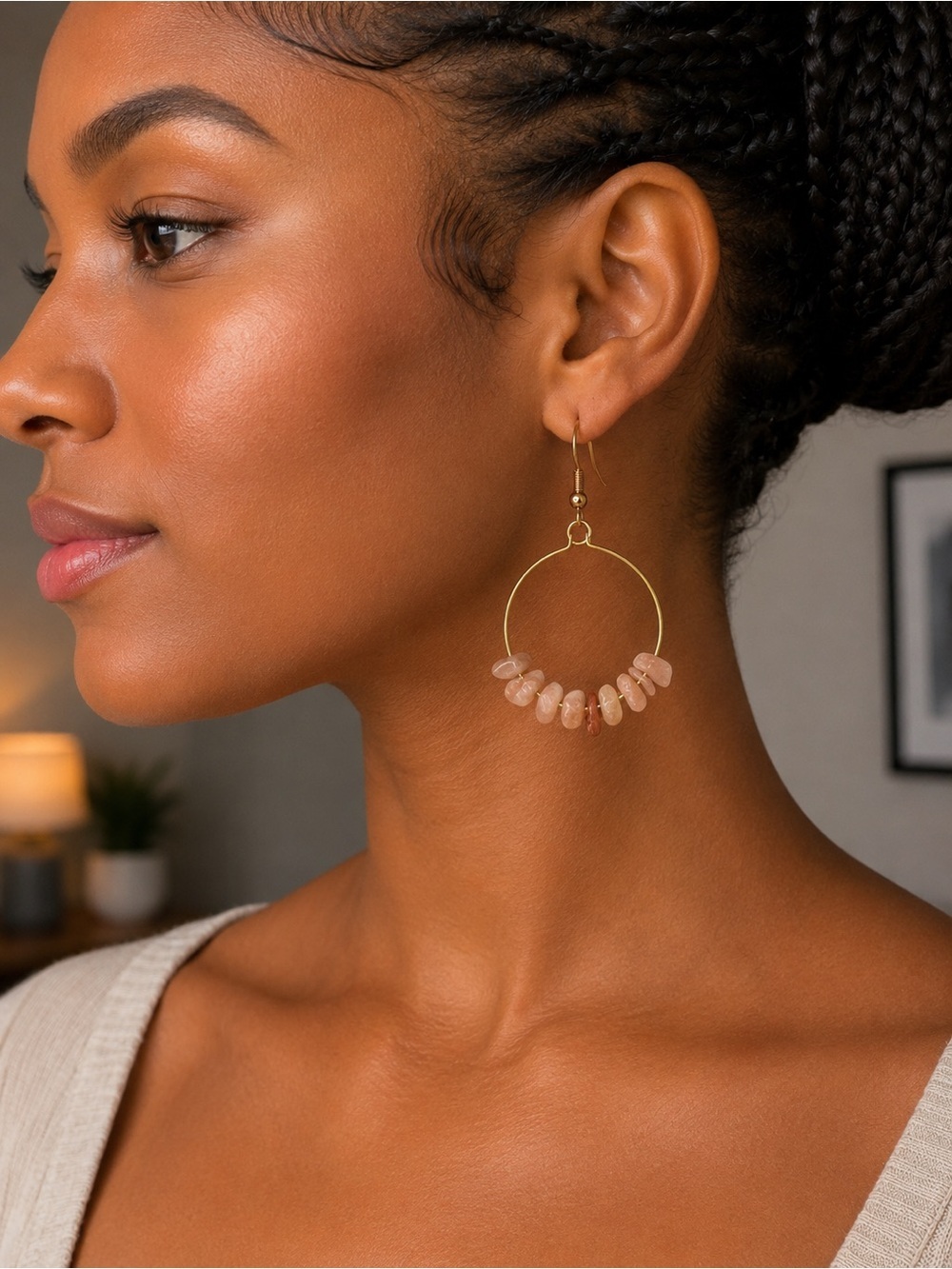 Peach Aventurine Natural Gemstone Hoop Earrings – Confidence & Warm Energy